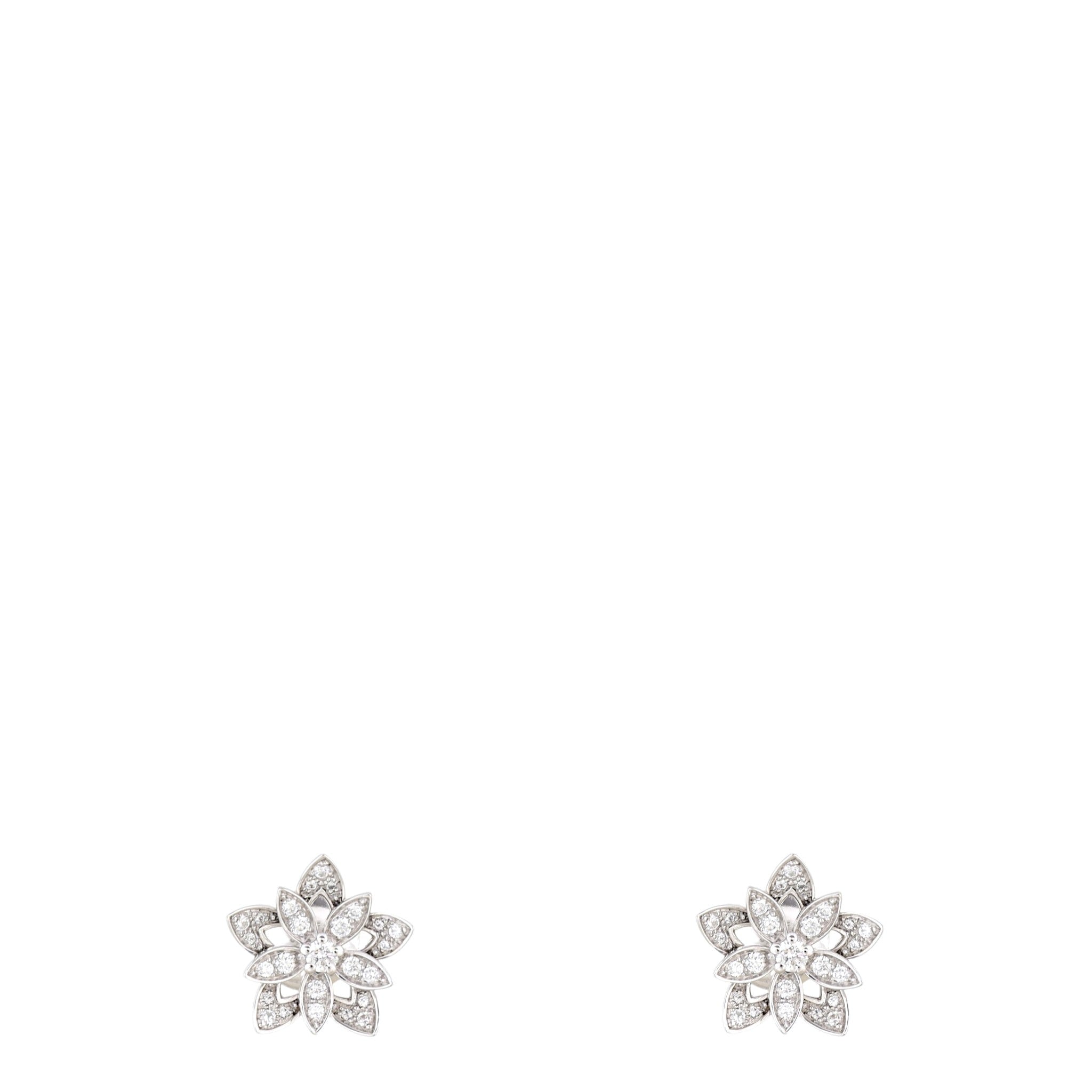 Van Cleef & Arpels Lotus Openwork Diamond 18k White Gold Earrings Mini