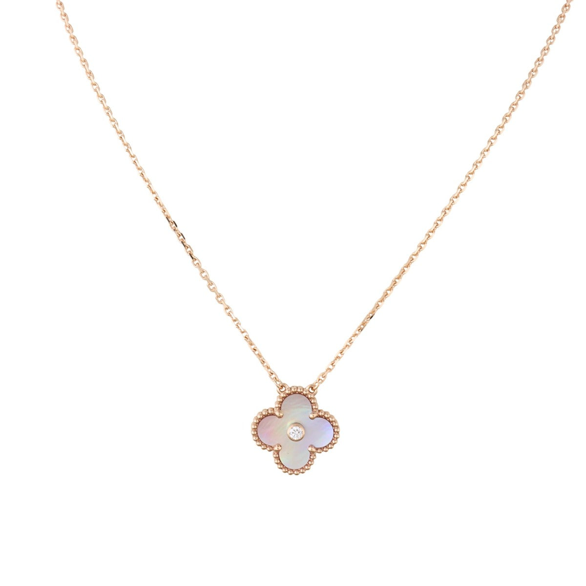 Van Cleef & Arpels Vintage Alhambra Holiday Pendant 2025 Pink Mother of Pearl Diamond 18k Rose Gold Necklace