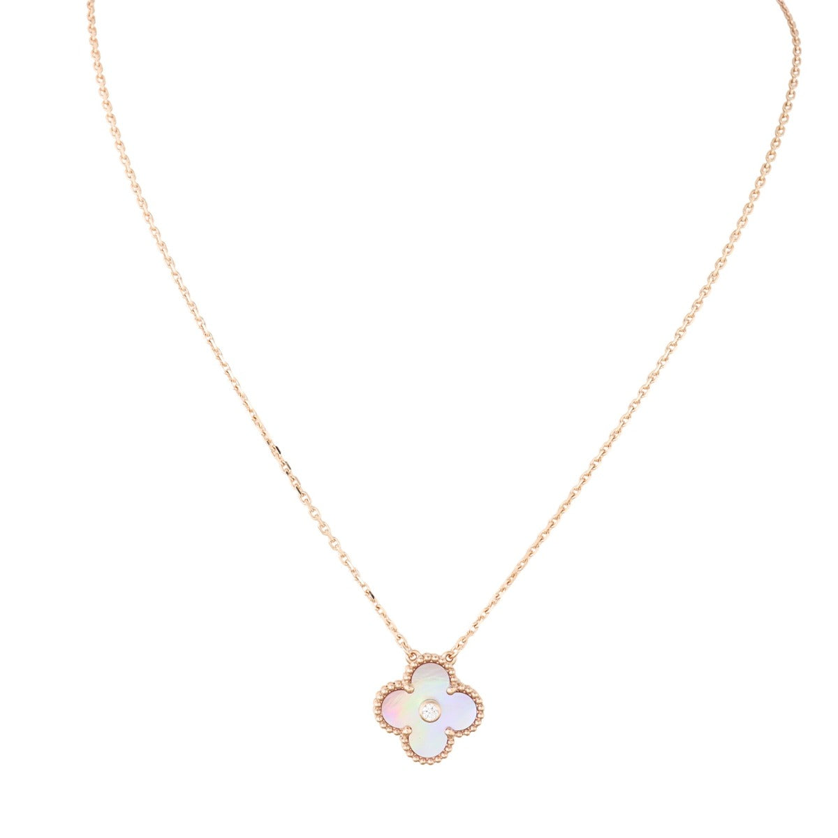 Van Cleef & Arpels Vintage Alhambra Holiday Pendant 2025 Pink Mother of Pearl Diamond 18k Rose Gold Necklace