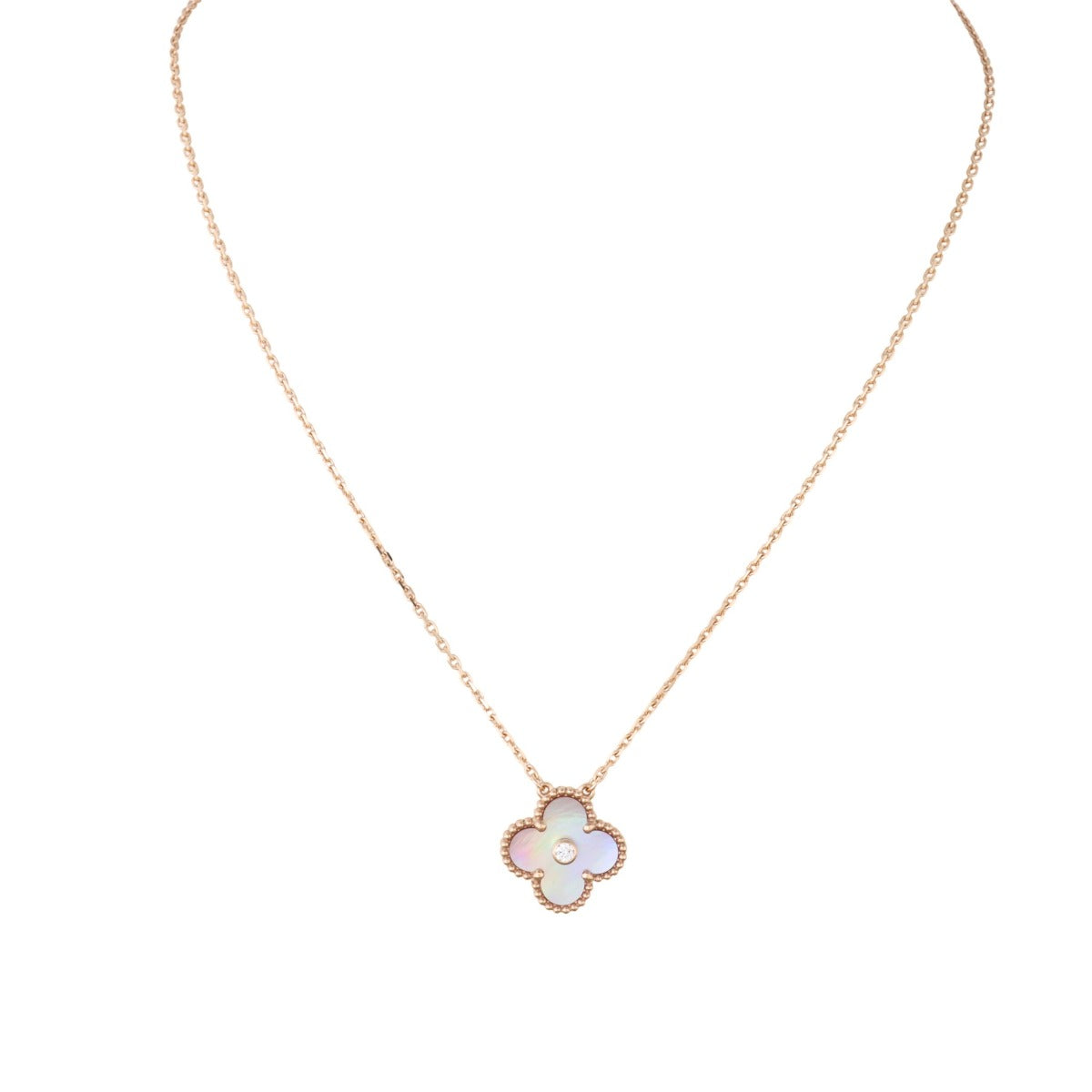 Van Cleef & Arpels Vintage Alhambra Holiday Pendant 2025 Pink Mother of Pearl Diamond 18k Rose Gold Necklace